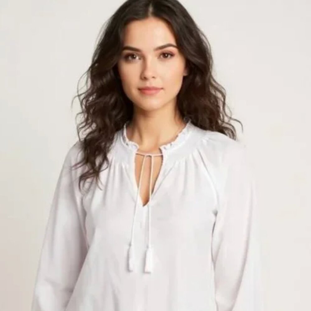 Old Navy Long-Sleeve Smocked Cuff Calla Lily White Linen Blend Blouse - S Tall